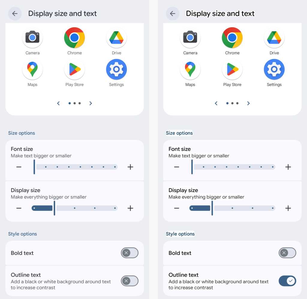 display size and text screen on pixel phone with outline text option