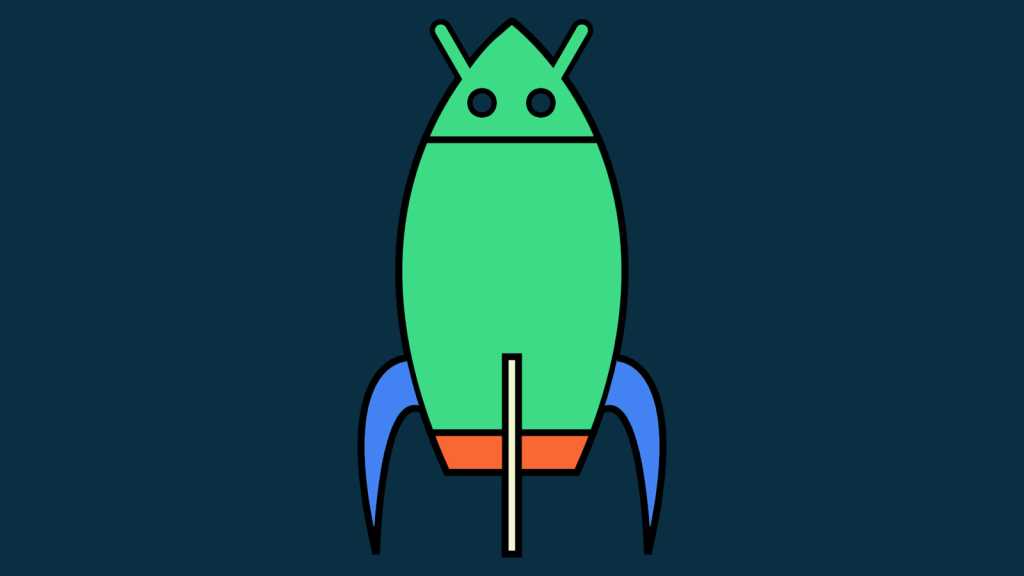 cartoon rocketship with eyes, antenna, and green color like android bot logo