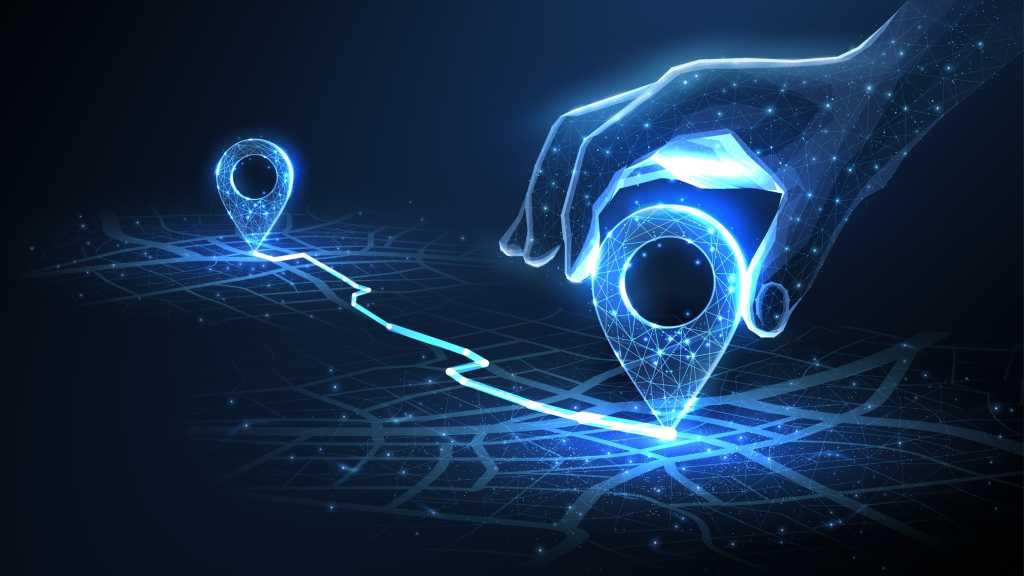 Digital hand set location on map with two pins. AI technology in GPs, innovation delivery, map location, future transport logistic, route path concept. GPs point. New office location, change address