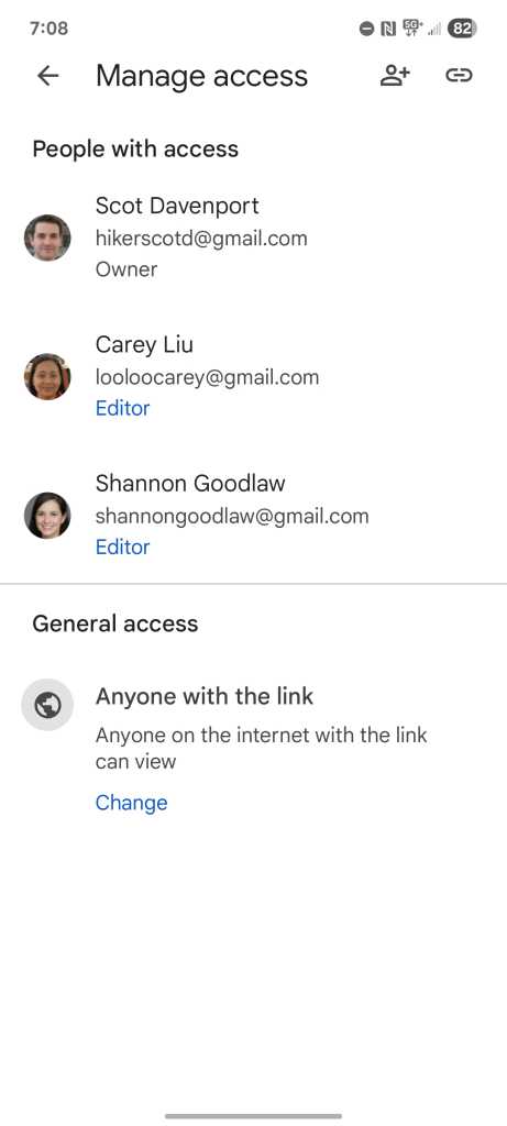 screenshot of google drive android app - manage access pane for a shared document