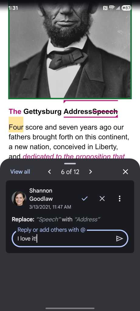 screenshot of comment reviewing pane open over document in google docs android app