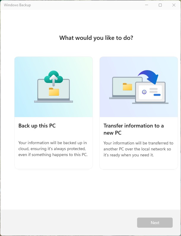the initial screen of windows backup with choice to back up this pc or transfer information to a new pc