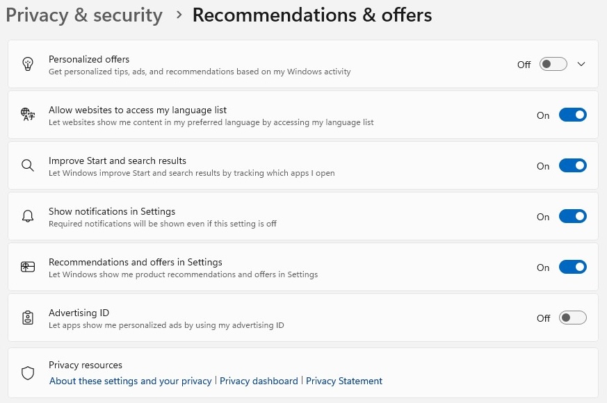 windows 11 privacy settings - recommendations and offers screen