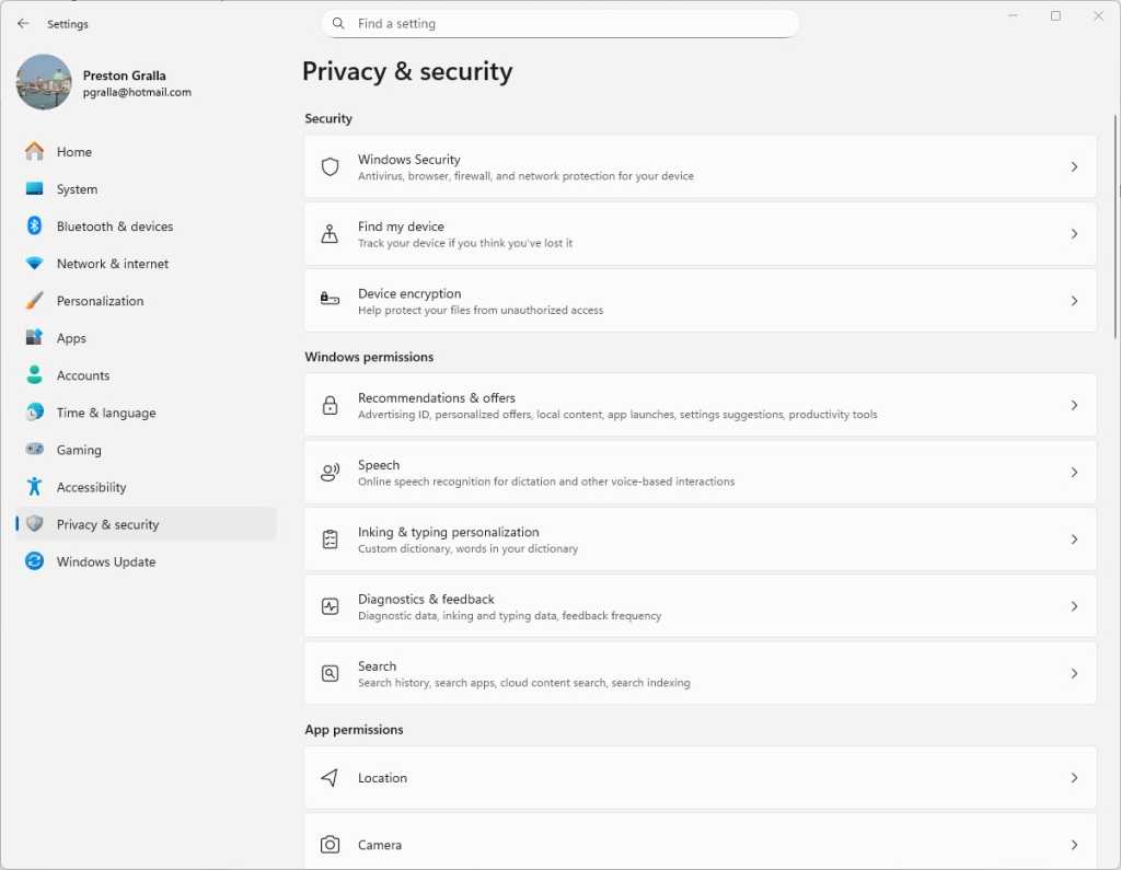windows 11 settings - main privacy and security screen