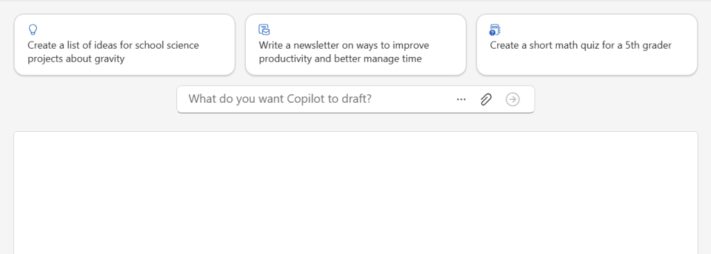 blank word document with copilot entry bar and prompt suggestions above the doc