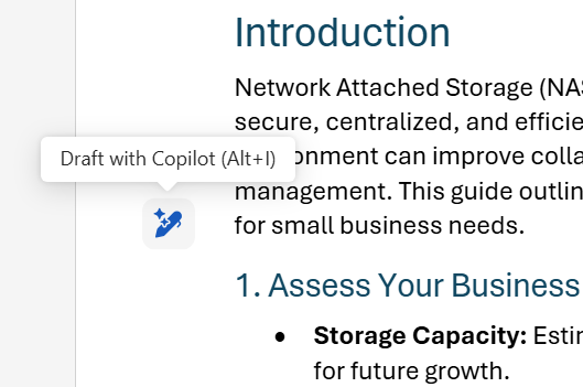 word doc showing draft with copilot icon in left margin