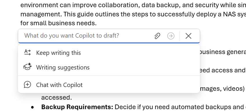 word doc showing draft with copilot bar and dropdown menu
