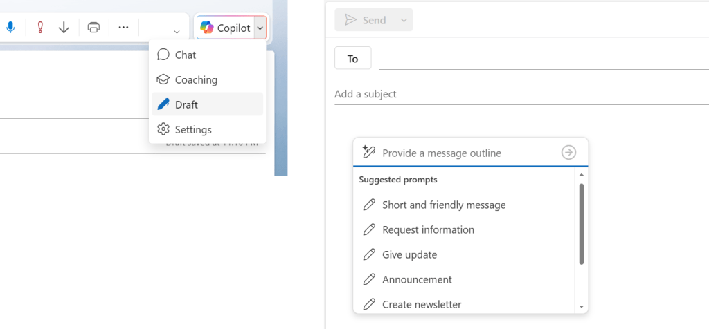in outlook - copilot button and dropdown menu on left, copilot toolbar dropdown menu on right