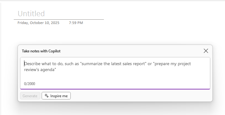 in onenote - take notes with copilot pane for entering a prompt
