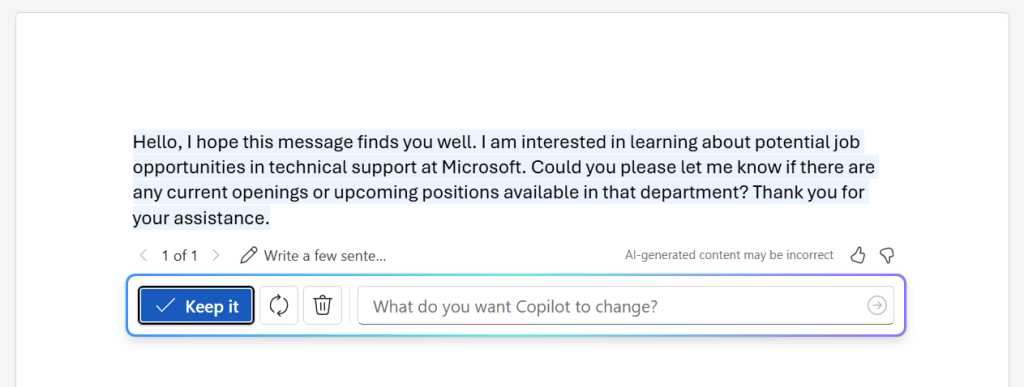 in word - text generated by copilot with toolbar of actions to take on generated text