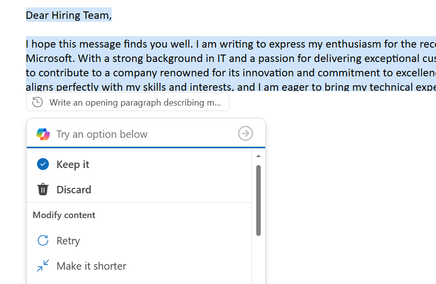 in outlook - copilot generated email and toolbar with dropdown menu of actions to take on text