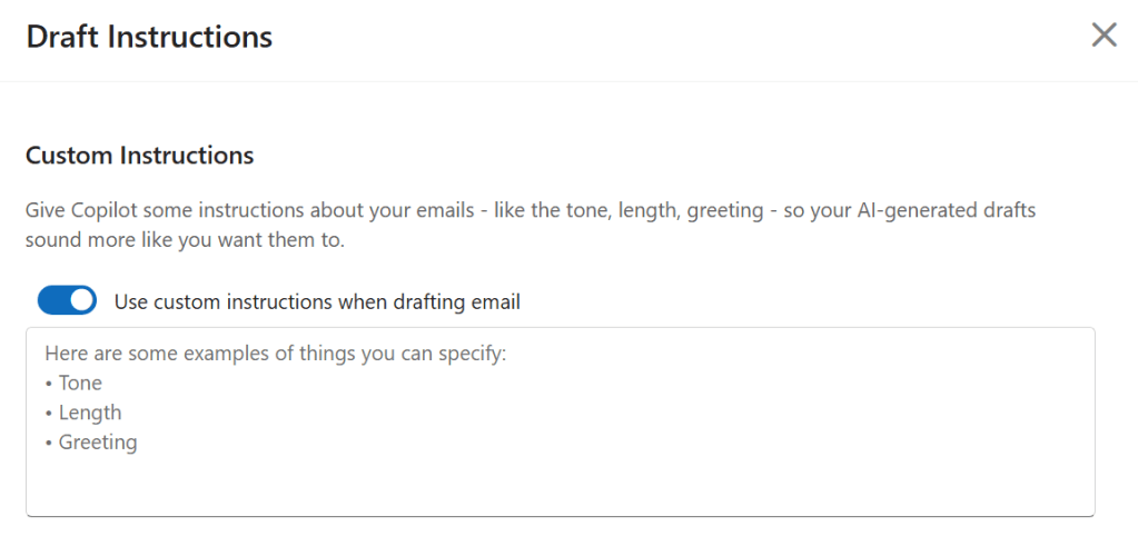 in outlook - custom instructions screen for telling copilot how to write drafts