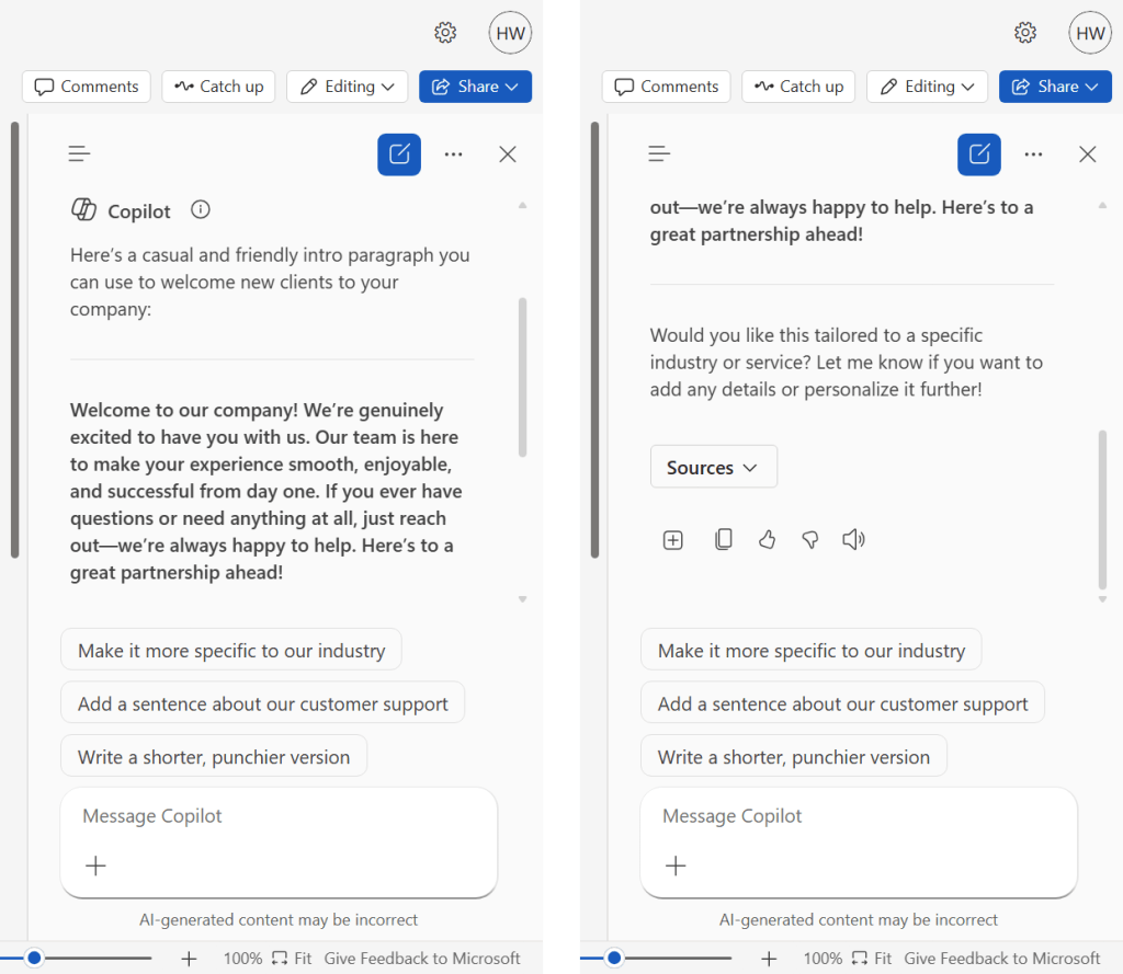 in word - copilot sidebar with generated text and icons for pasting or copying it