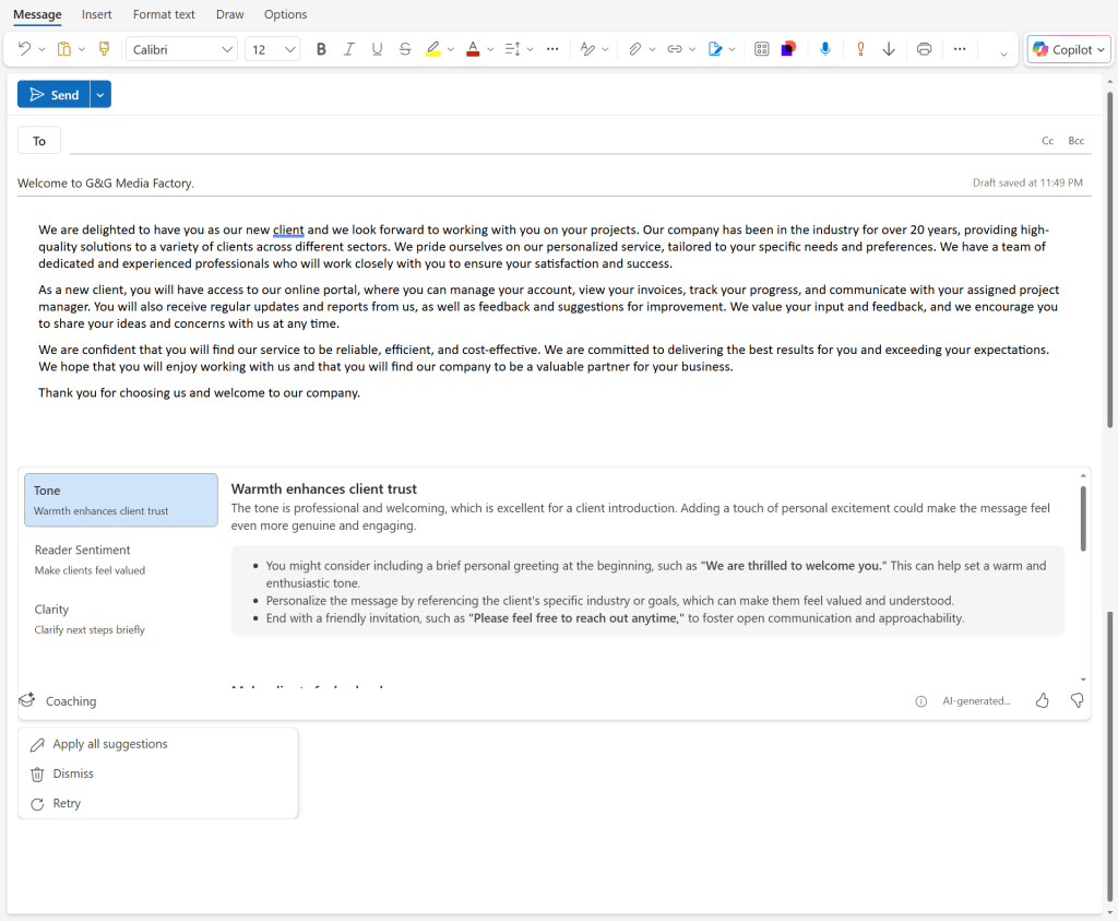 in outlook - email draft with copilot coaching critique and suggestions for improvment below