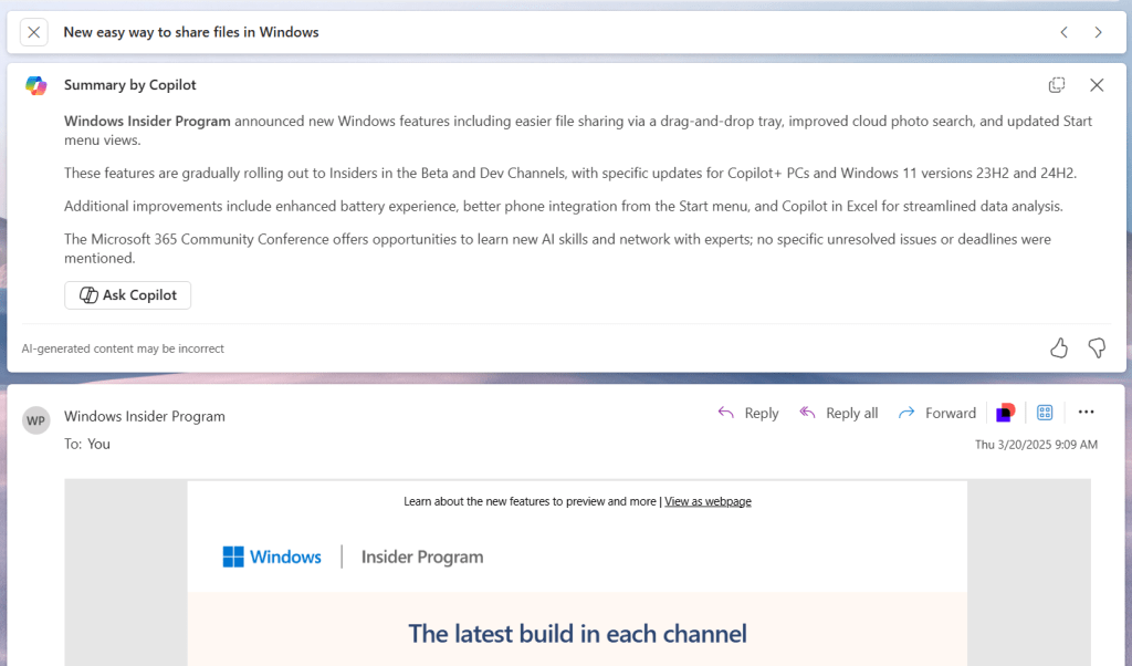 a summary of a single email generated by copilot appears above the email in outlook