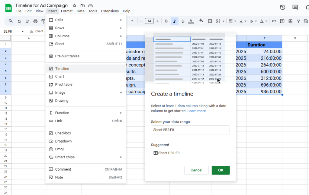 screenshot of a Google Sheets spreadsheet with insert > timeline menu selected and the create a timeline panel