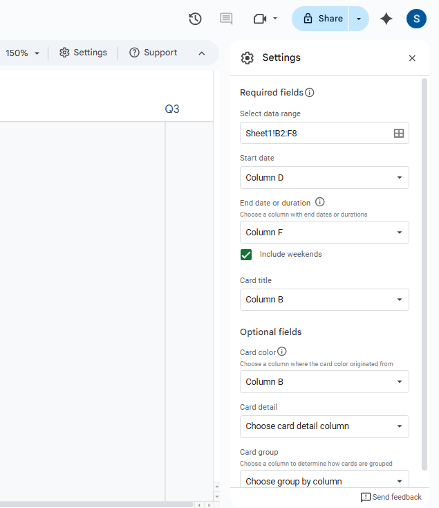 screenshot of settings sidebar for a timeline in Google Sheets