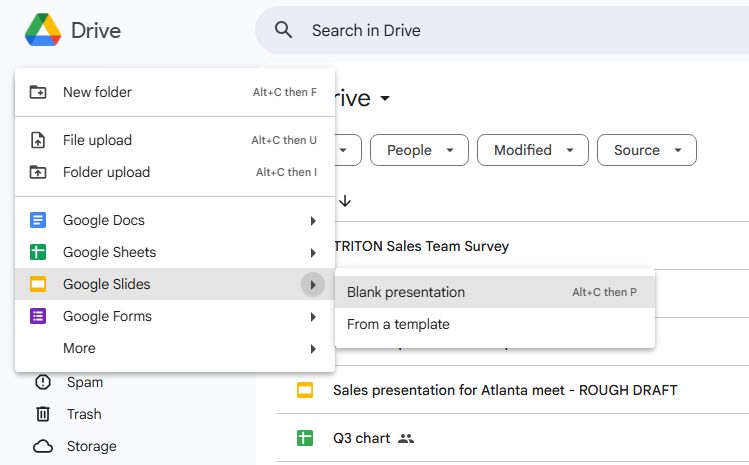 new > google slides menu in google drive