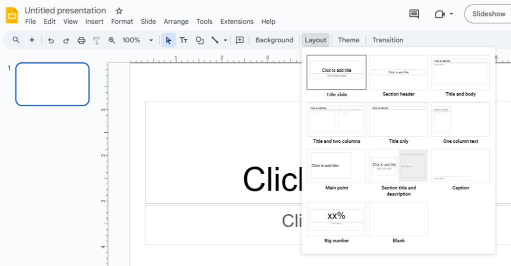 selecting a layout from the layout pop-up