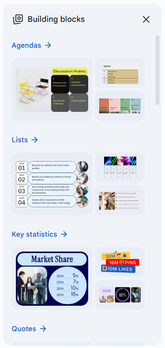 building blocks pane in google sheets with insertable templates for graphic elements