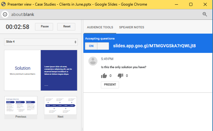 google slides presenter view with audience question visible