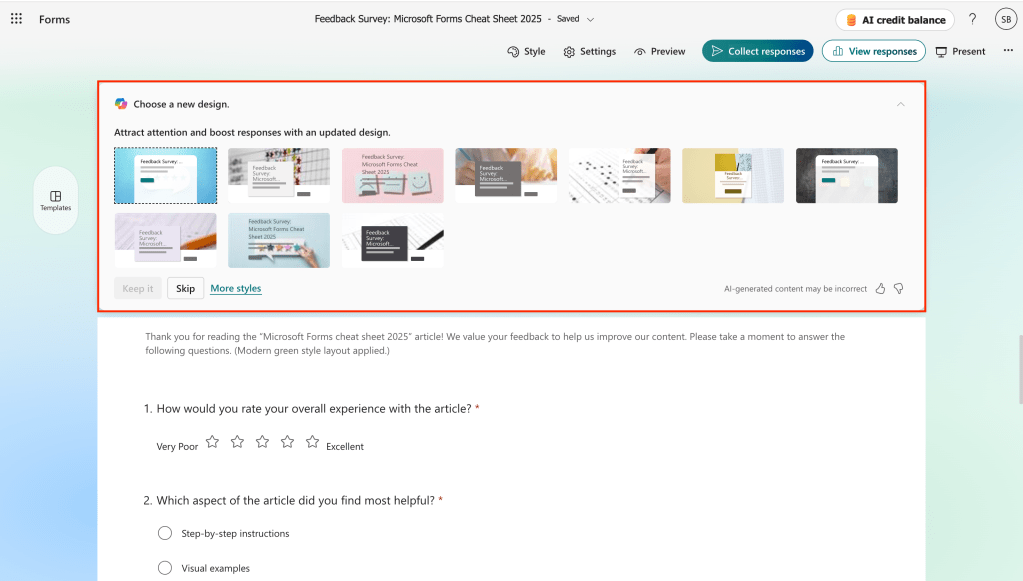 suggestion from copilot to choose a new design for a form