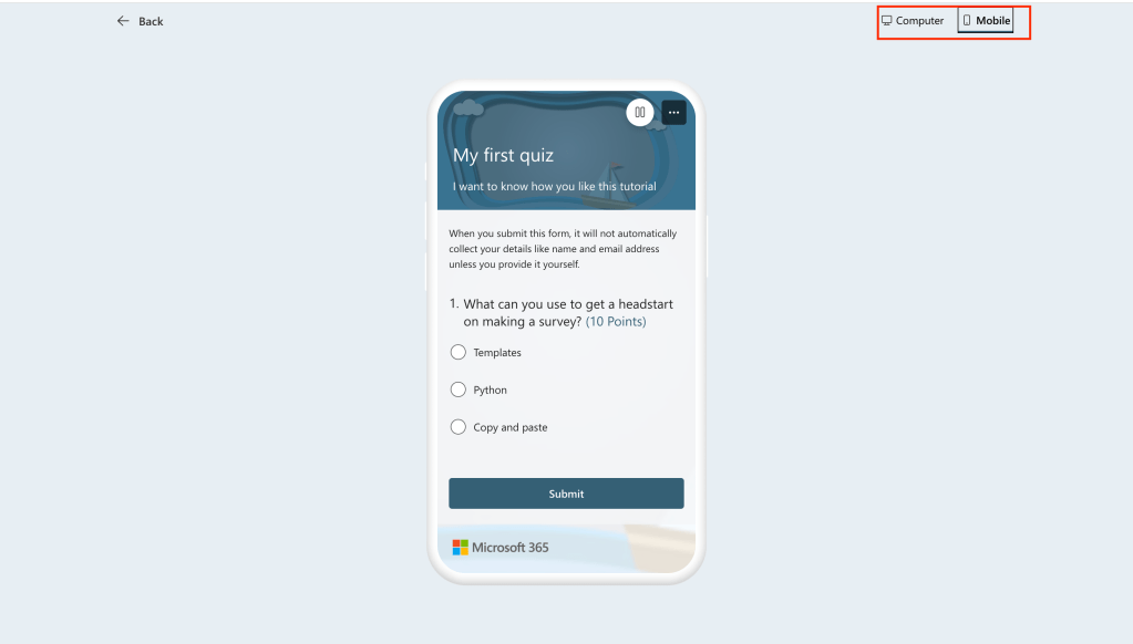 preview of a quiz as shown on mobile