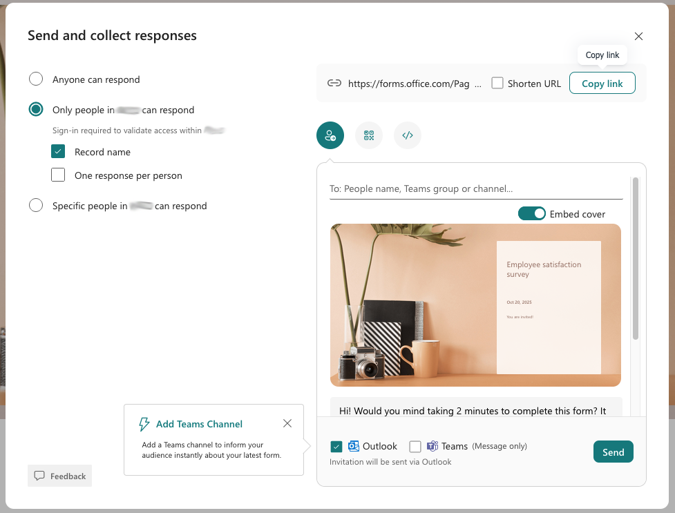 options to share a form from a microsoft 365 business account