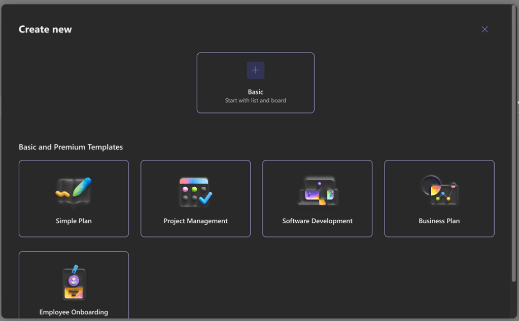 screen with plan templates in microsoft planner