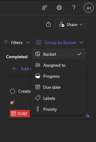 group by bucket dropdown menu showing other grouping options