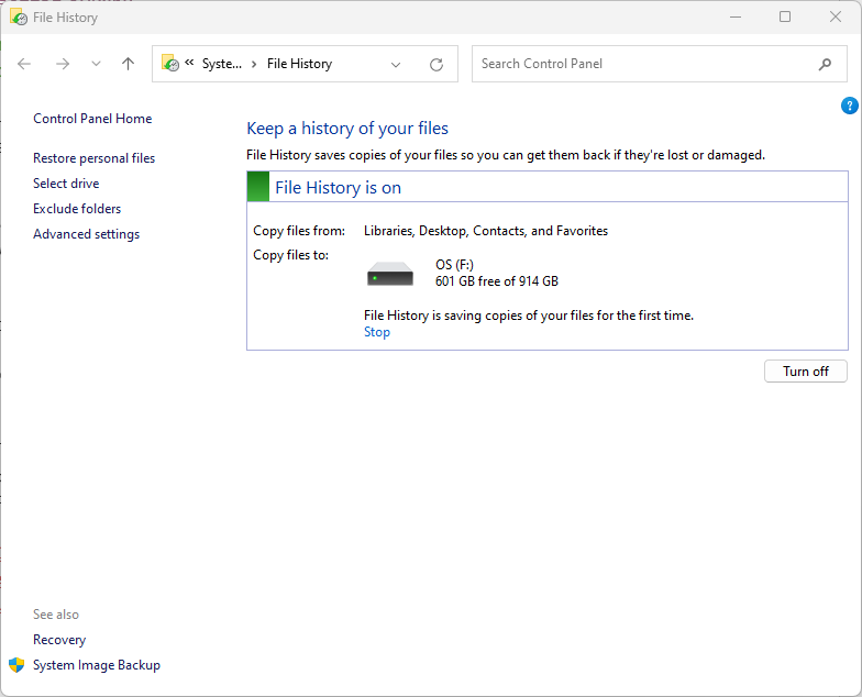 file history screen in windows control panel