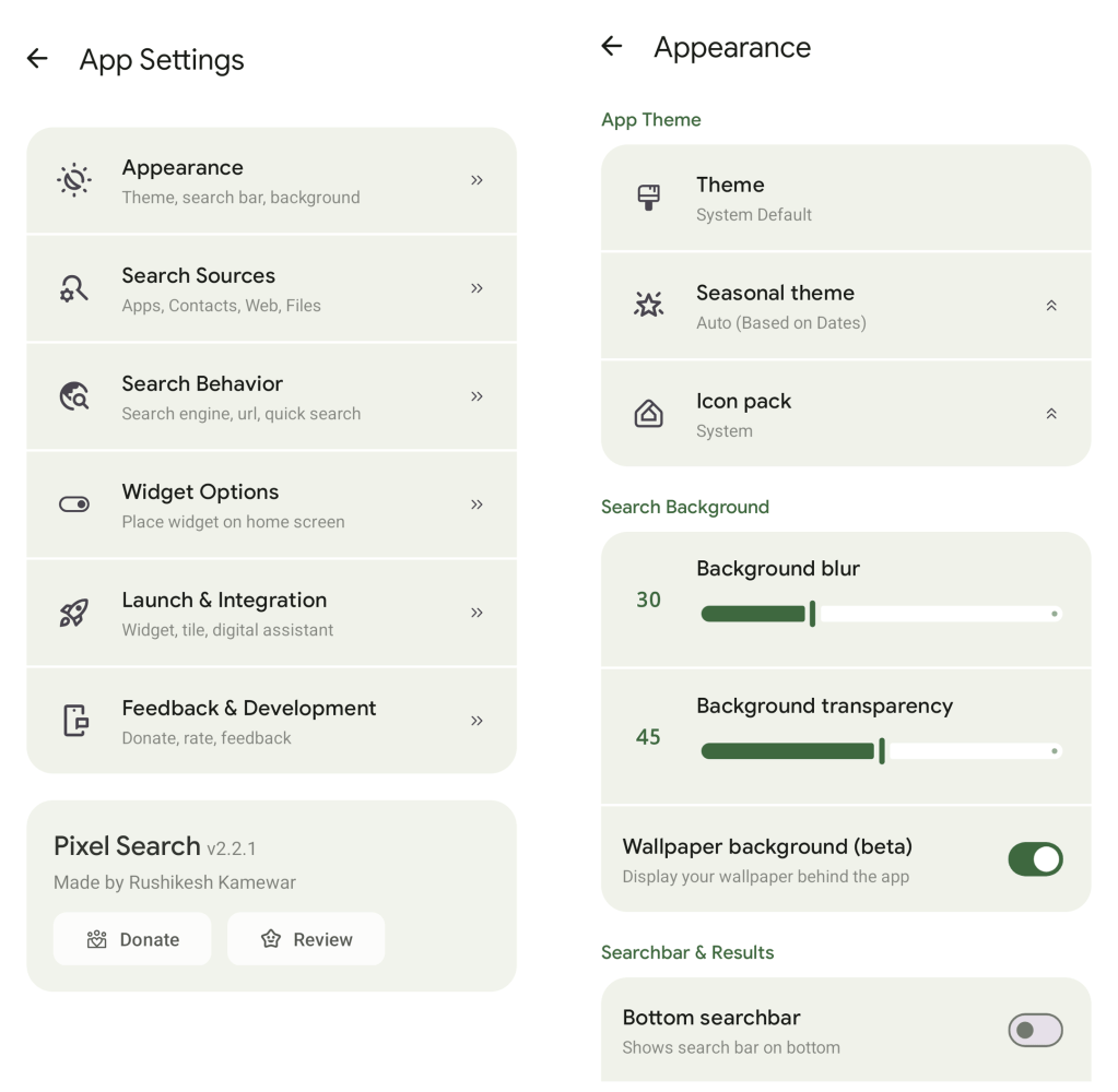 Pixel Search - Android search settings