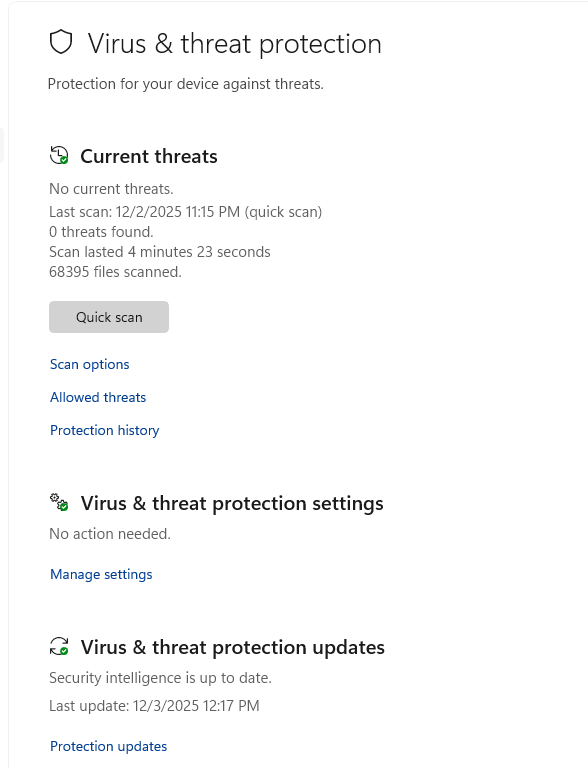 virus and threat protection settings in windows security app