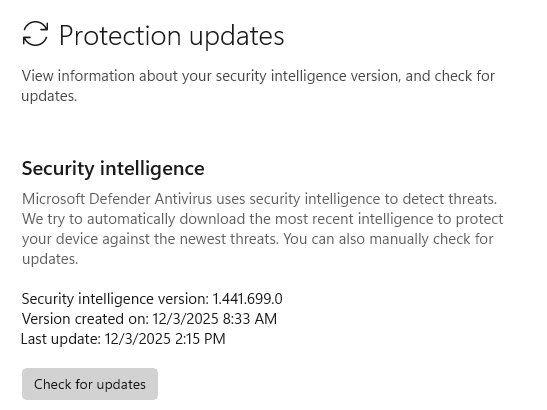 protection updates screen in windows security app